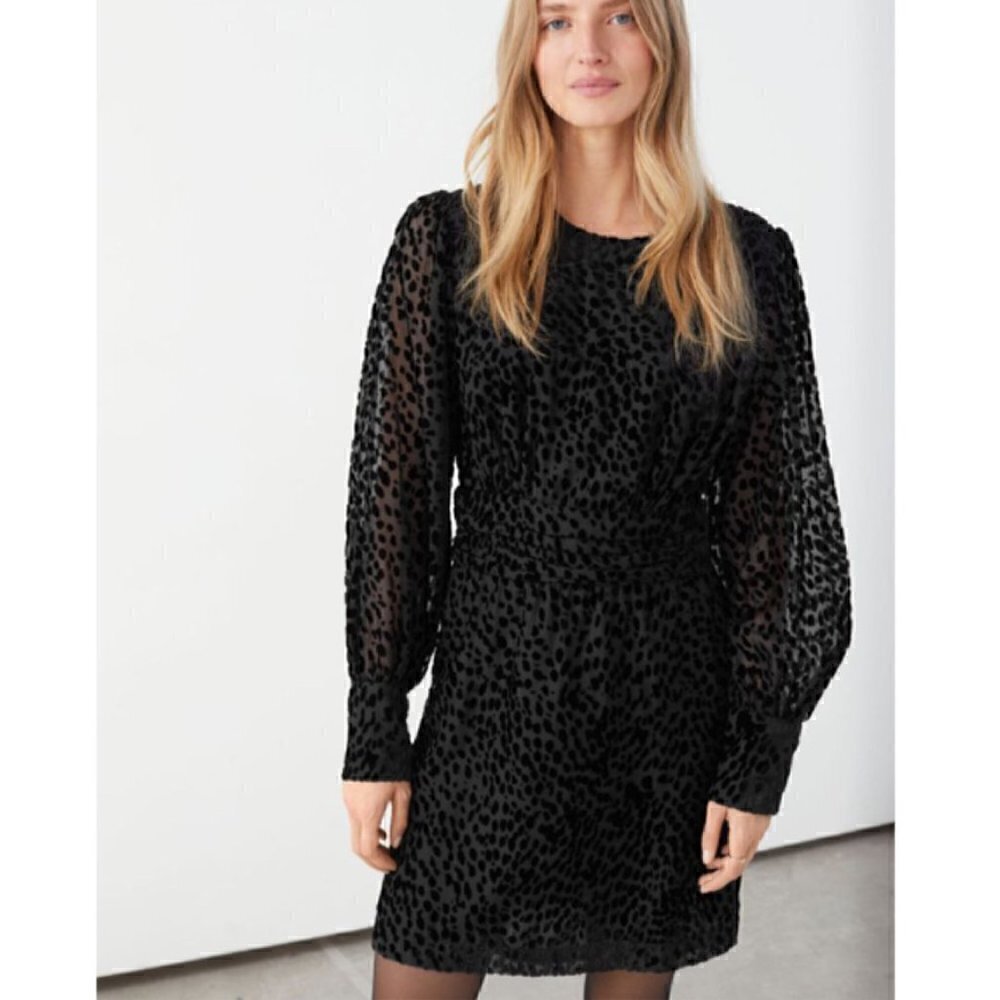 & Other Stories Black Sheer Leopard Jacquard Long Sleeve Mini Dress US 4